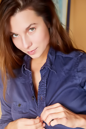 Belka Captivating Brunette Smiles Flirtatiously As Her Buttons Pop Open