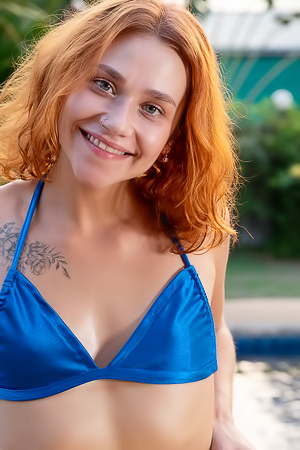 Polly Flame Strips In Sun By Pool For Solo Dildo Pleasure