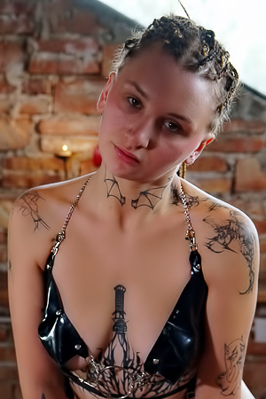 Lola Stone Bonds In Tight PVC Bra Unclips For Solo Dildo Play