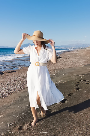 Layla Scarlett, Fast-Flirt in White on Sunny Beach, Ocean Below and Sky Above Lies Awaiting